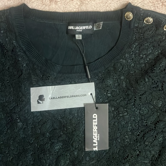 NWT Karl Lagerfeld deep green lace overlay sweater with metal button accents - Picture 3 of 12